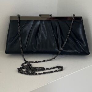 GUNNE SAX Black Pleated Evening Bag Pewter Tone Hardware Chain Strap or Clutch